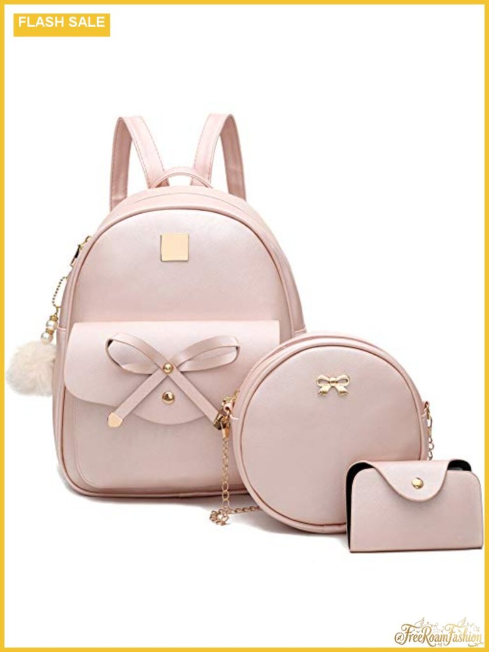 PU Leather Bowknot Fashion Backpack Women Rucksack Ladies Shoulder Bag 3-Piece